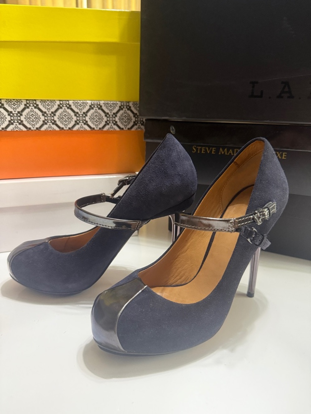 L.A.M.B. Peggy Blue Suede Mary Jane Heels